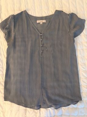 LOFT Blue and White Vertical Stripe V-Neck Button Top